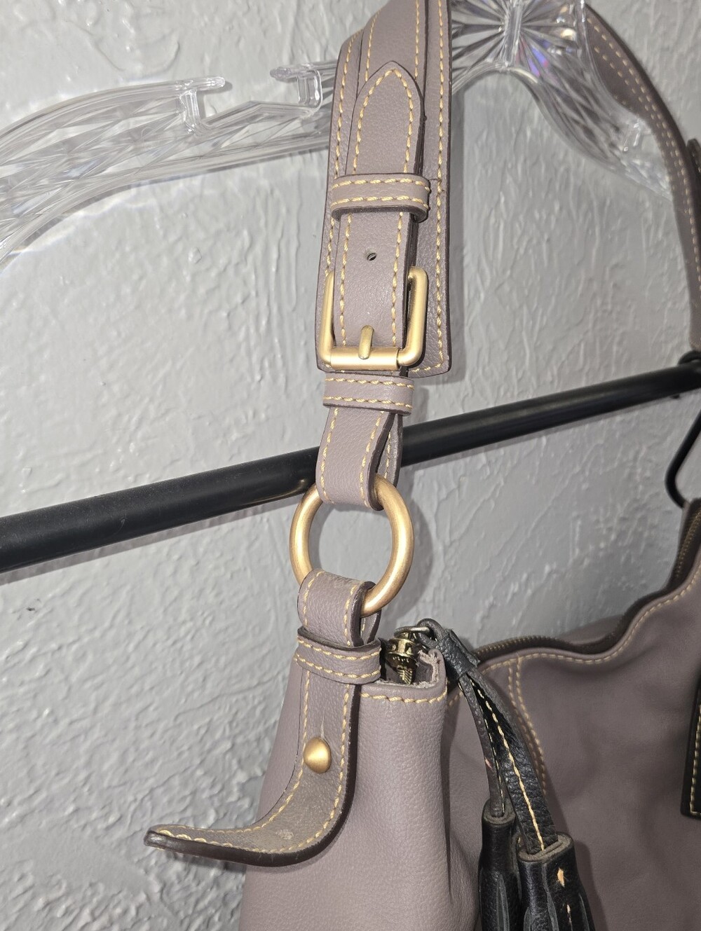 Dooney & Bourke Taupe and Black Leather Hobo Shoulder Bag - Picture 5 of 14